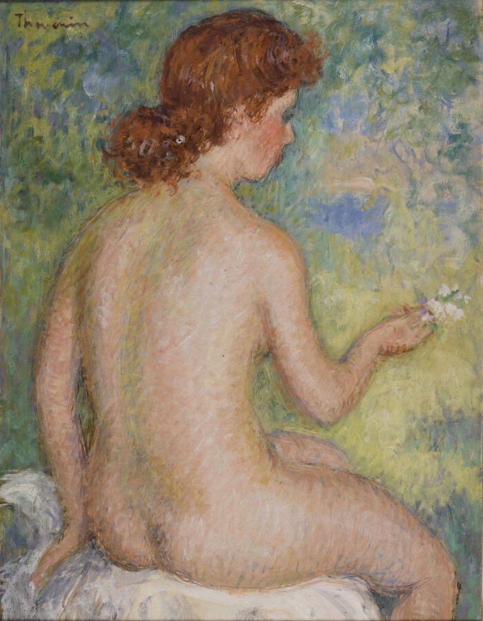 Null 皮埃尔-特维宁（1905-1950）。
沐浴者与一枝山谷百合花。
面板油画。
左上角有签名。
60 x 46厘米。