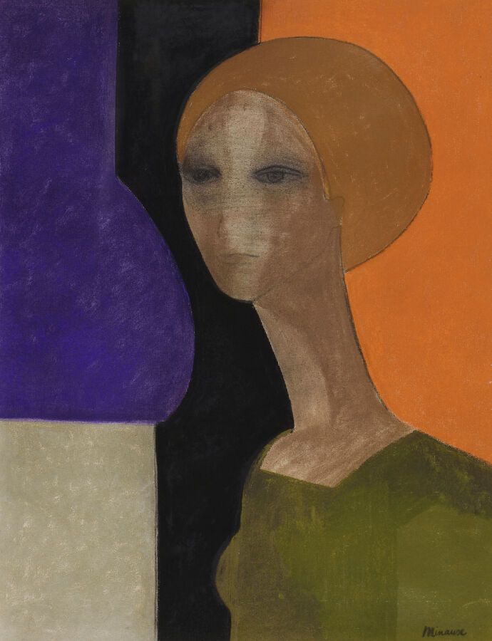 Null André MINAUX (1923-1986).
抽象背景上的女人肖像。
铺设在纸上的粉彩画。
右下方有签名。
视线：63 x 49厘米。
背面：巴&hellip;