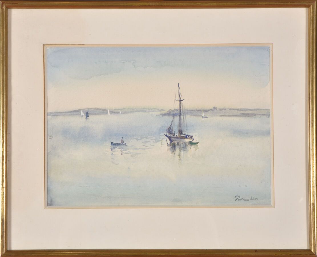Null Paul PERRAUDIN (1907-1993).
L'Île-aux-Moines.
纸上水彩画。
右下方有签名
视线：26 x 36厘米。
背&hellip;