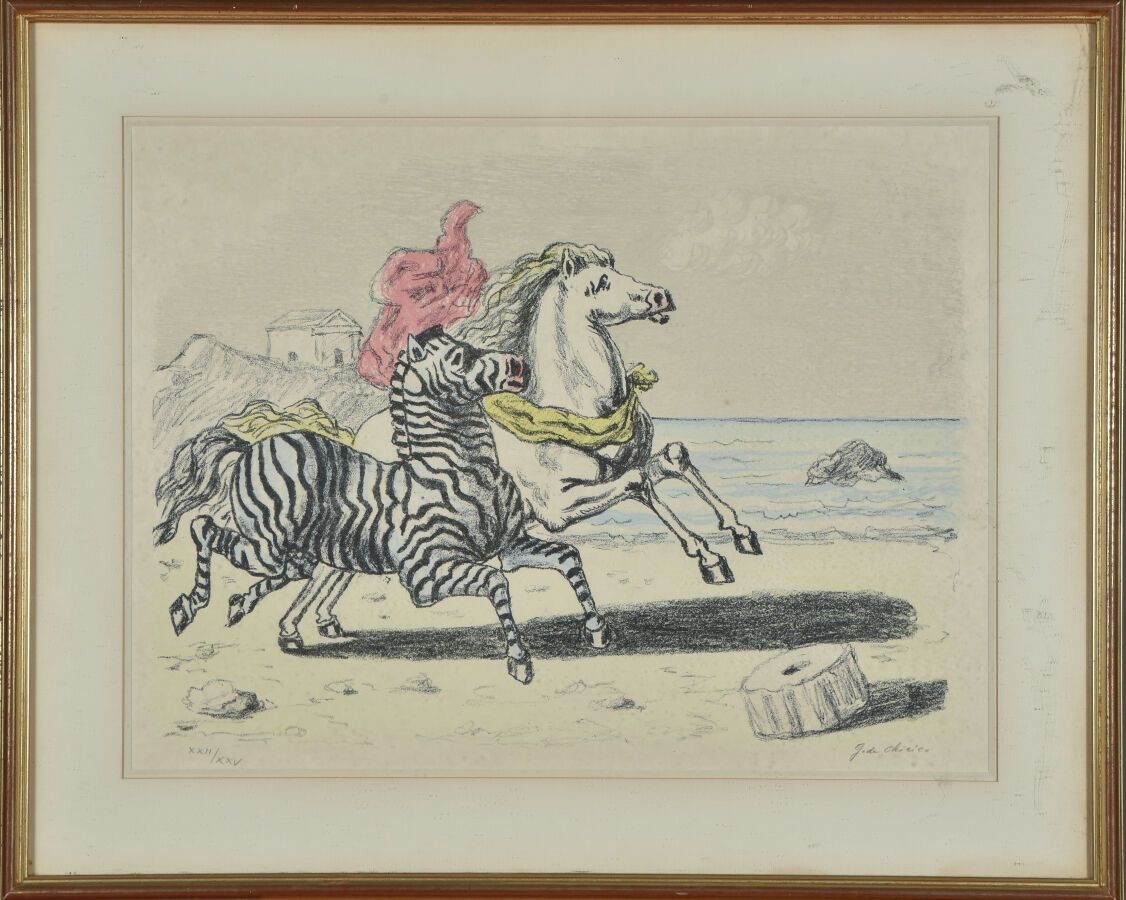 Null Giorgio de CHIRICO (1888-1978).
Zebra e cavallo sulla spiaggia.
Litografia &hellip;