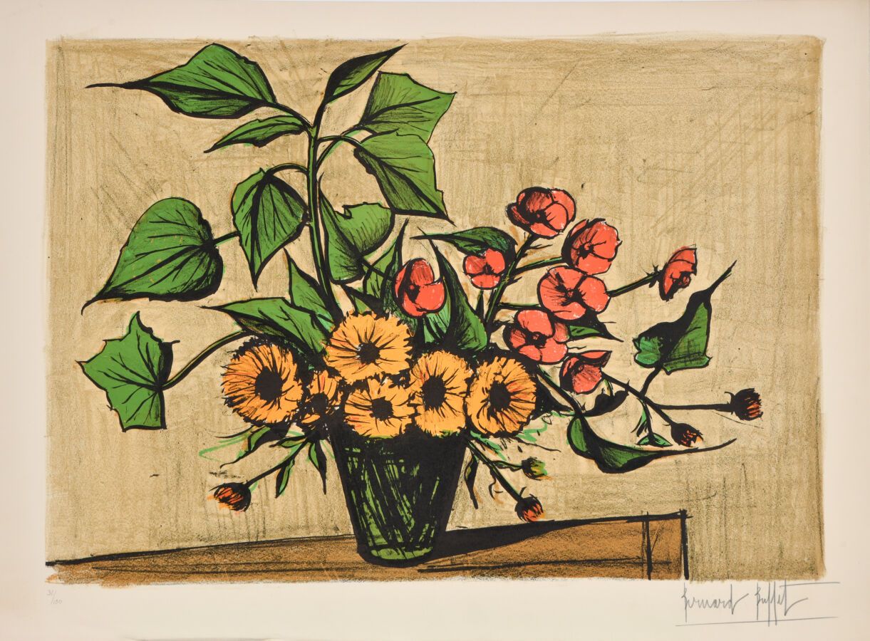 Null 伯纳德-布菲特（1928-1999）。
金盏花花束，1976年。
彩色平版印刷在Arches上。
右下方有签名。
左下角有编号31/150。
56 x&hellip;