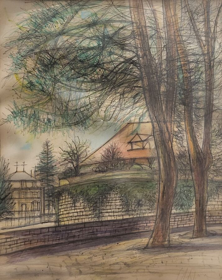 Null 让-卡尔祖（1907-2000）。
阳台上的松树》，1962年。
纸上水彩和墨水。
右下方有签名和日期。
视线：48 x 37厘米。
纸张的湿润和起伏&hellip;