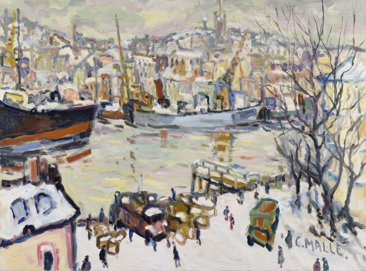 Null 夏尔-马勒（生于1935年）。
菲坎普港，在下雪的天气里。
布面油画。
右下方有签名。
60 x 81厘米。