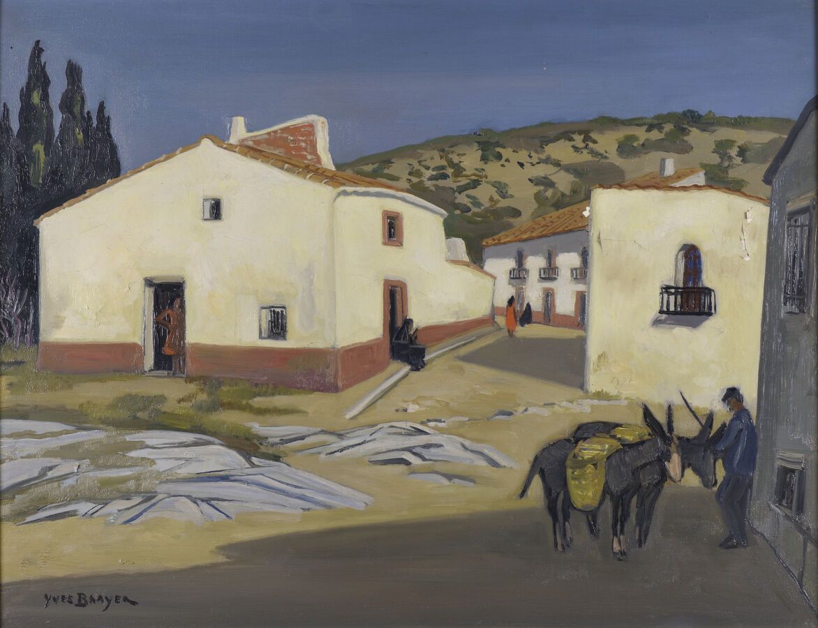 Null Yves BRAYER (1907-1990).
Village espagnol avec deux ânes et muletier, 1955.&hellip;