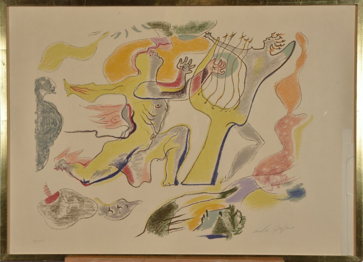 Null 安德烈-马松（1896-1987）。
拿着竖琴的人物。
纸上彩色石版画。
右下方有签名。
左下角有编号18/150。
视线：53 x 75厘米。
轻度&hellip;