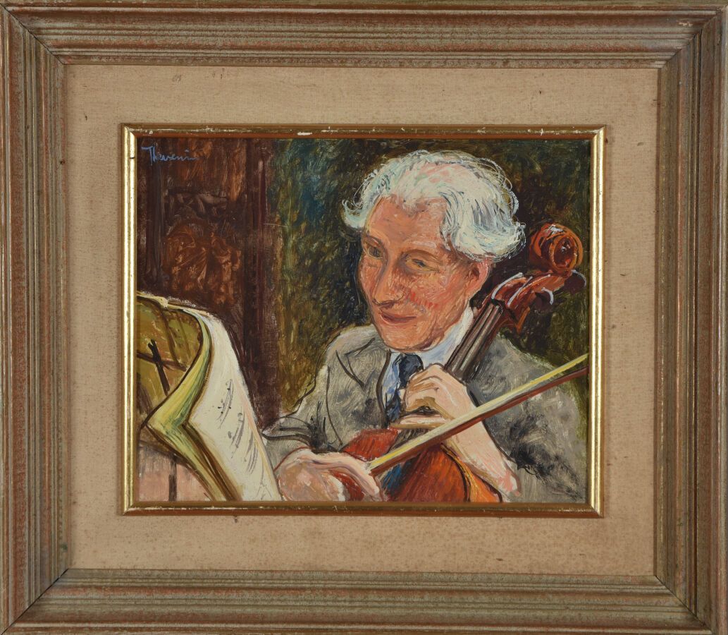 Null Pierre THEVENIN (1905- 1950).
Le violoncelliste.
Huile sur isorel.
Signé en&hellip;