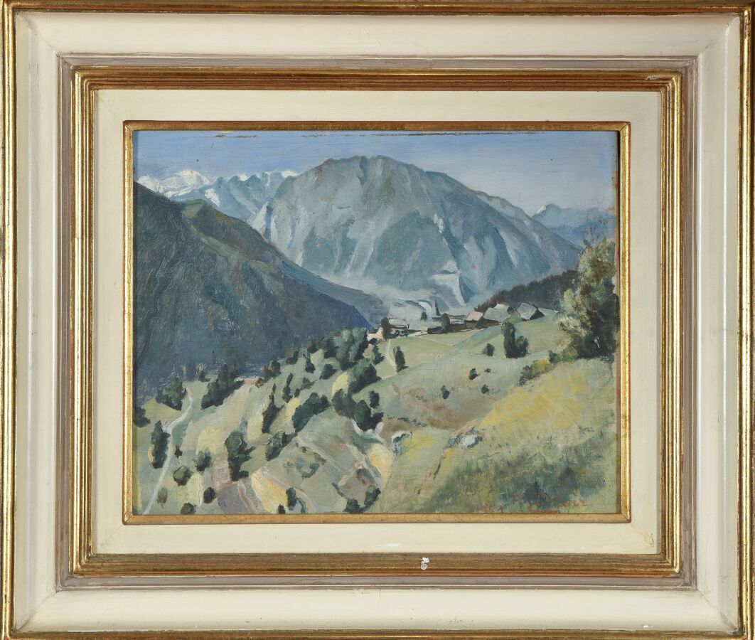 Null P.CATTOIR（20世纪）。
阿尔卑斯山上的风景，远处的勃朗峰，1953年。
油画板上。
右下方有签名和日期。
背面有位置和日期。
22,5 x &hellip;