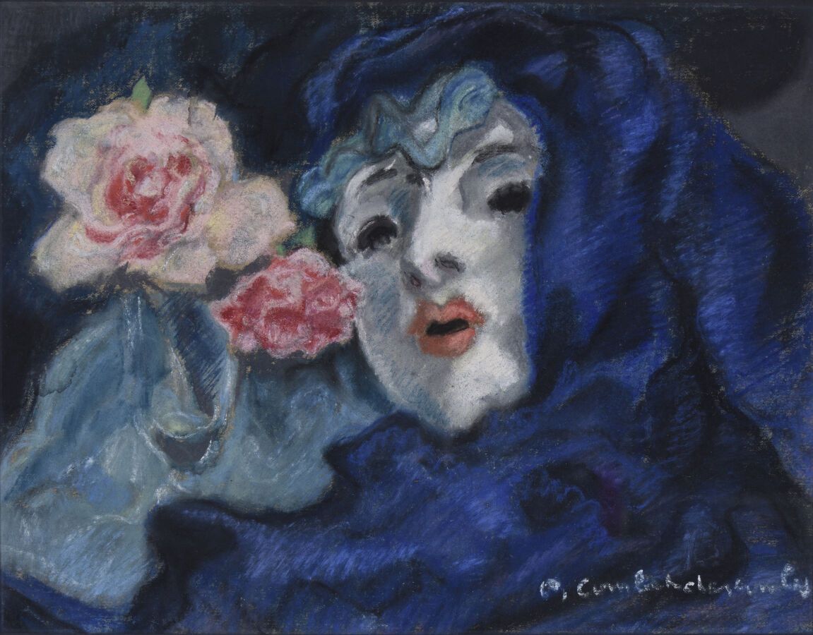 Null Pierre COMBET-DESCOMBES (1885-1966).
Roses and mask on a blue drapery.
Past&hellip;