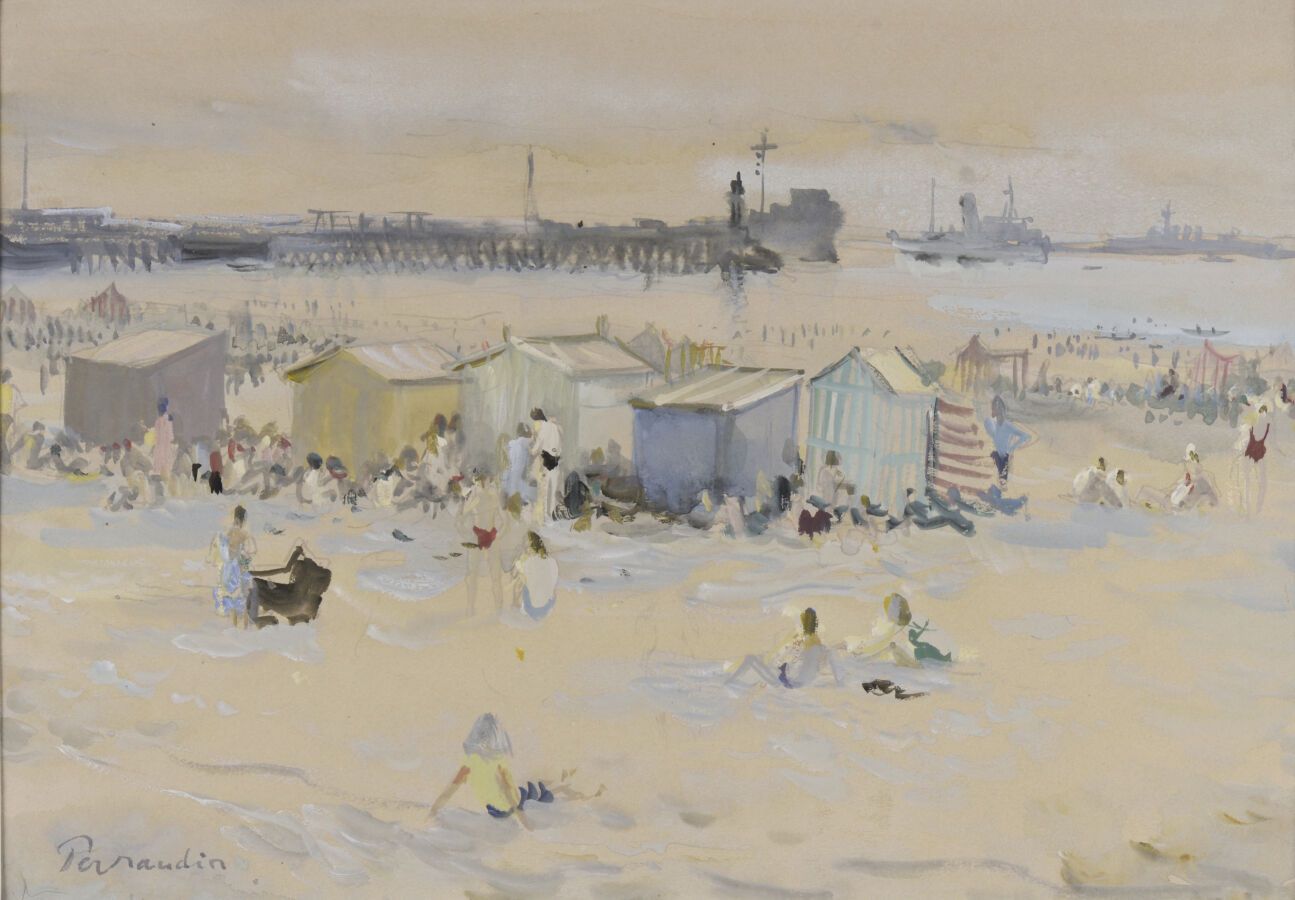 Null Paul PERRAUDIN (1907-1993)。
布洛涅的海滩。
纸上水彩和水粉画。
左下方有签名。
视线：26 x 36厘米。