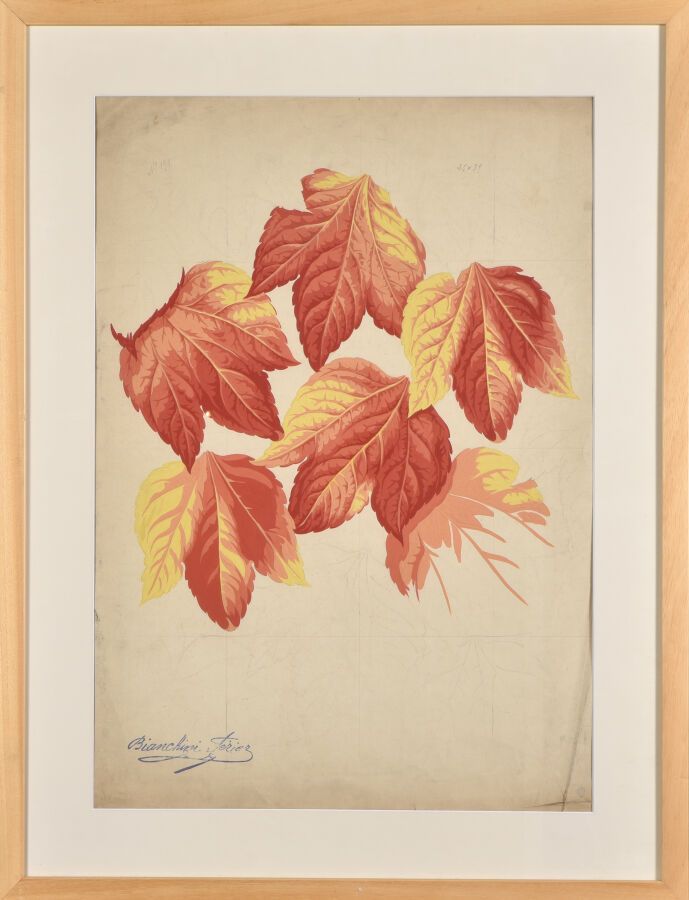 Null École moderne (XXème siècle).
Feuilles.
Gouache sur papier, étude pour soie&hellip;