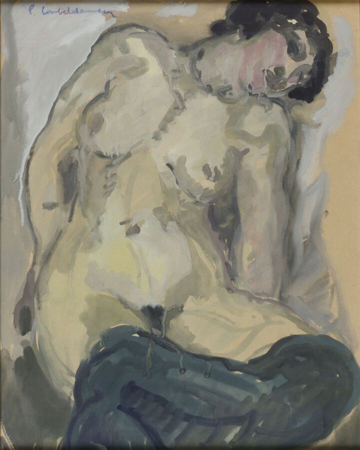 Null Pierre COMBET-DESCOMBES (1885-1966)。
裸体坐着，头靠在他的肩膀上。
纸上水粉画。
左上方有签名。
视线：49 x &hellip;