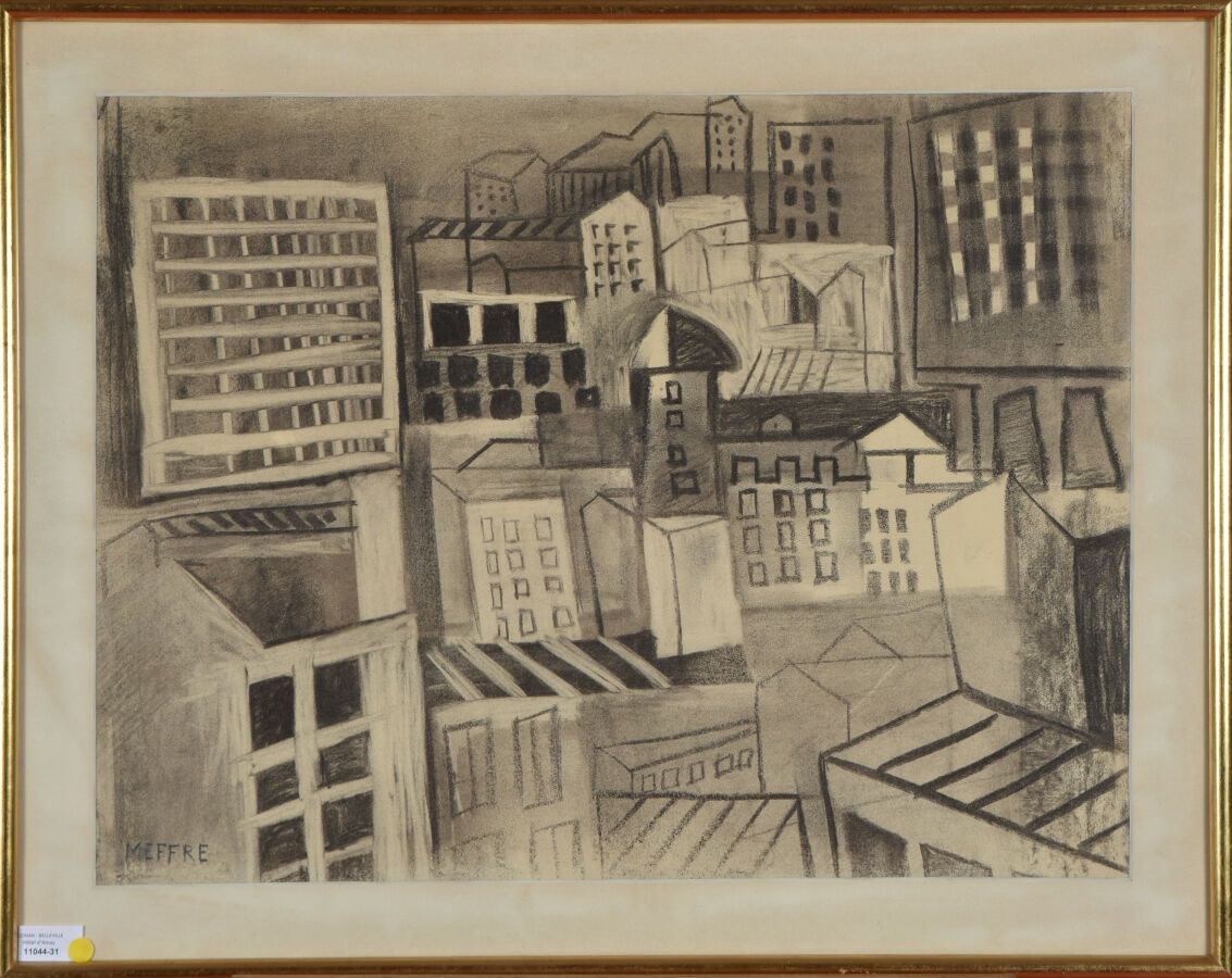 Null Armand MEFFRE (1929-2009).
Blick auf eine Stadt.
Kohlezeichnung auf Papier.&hellip;