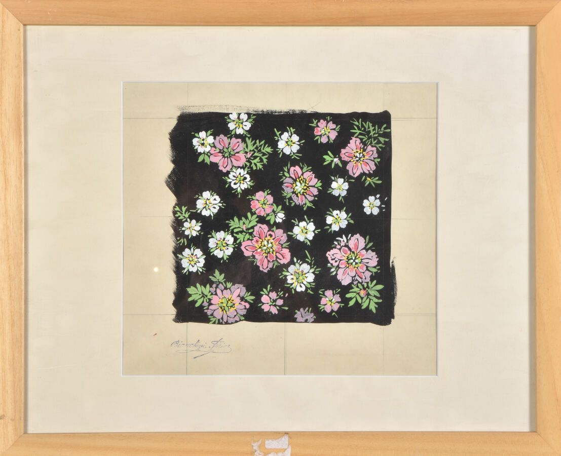 Null 现代学校（20世纪）。
花。
纸上水粉画，丝绸的研究。
左下方有Bianchini-Férier的湿印。
视线：28 x 30厘米。