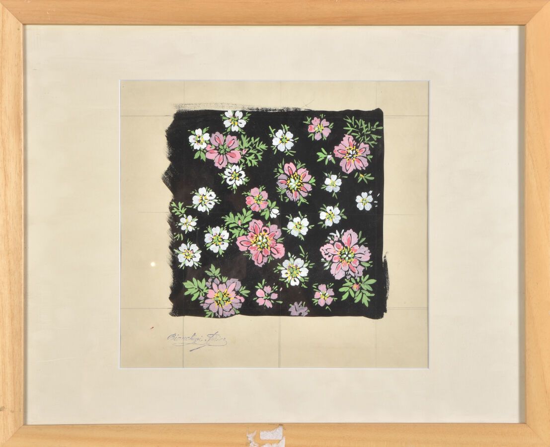 Null École moderne (XXème siècle).
Fleurs.
Gouache sur papier, étude pour soieri&hellip;