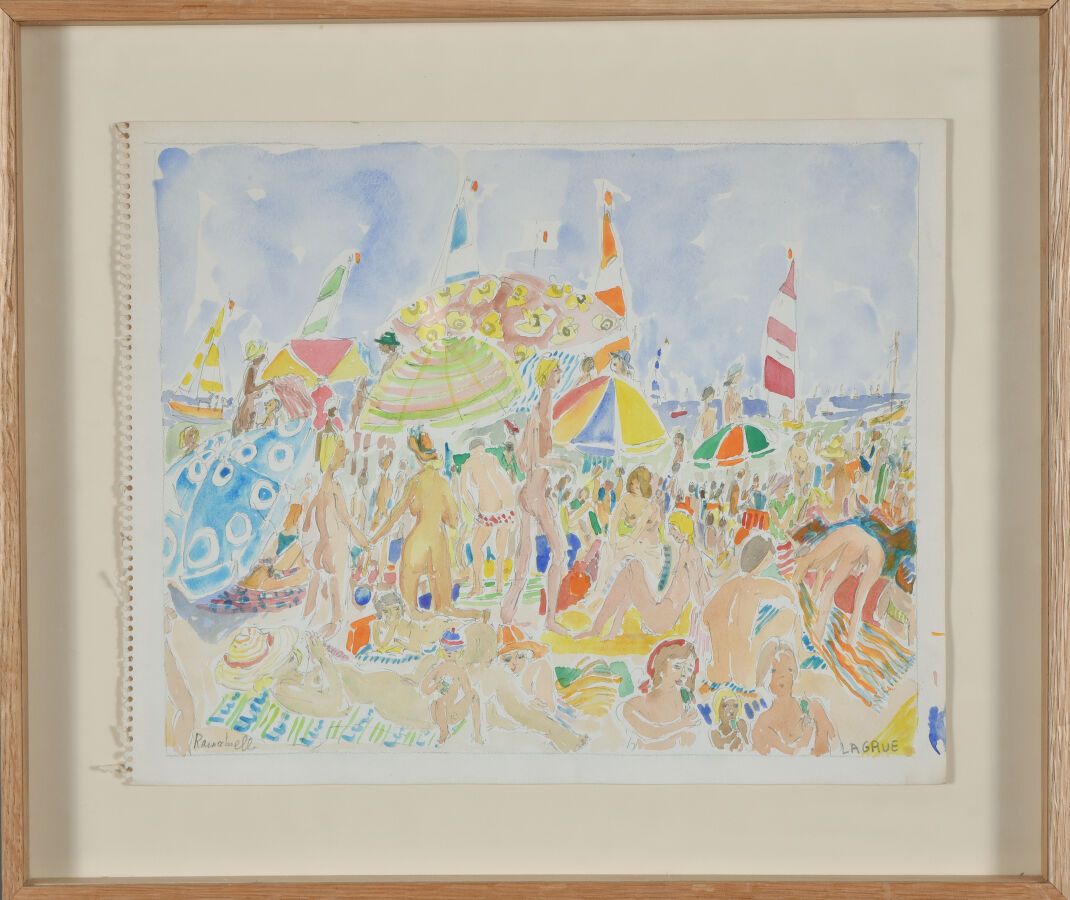 Null 让-皮埃尔-拉格鲁（1939-2018）。
海滩场景。
螺旋笔记本纸上的水彩画。
右下方有签名。
32 x 40厘米。