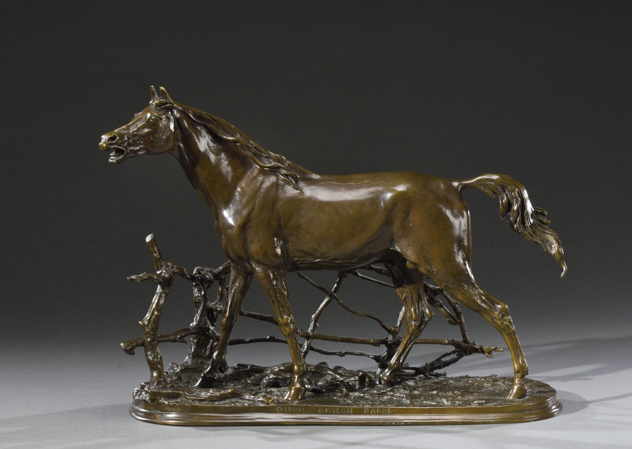Null 皮埃尔-儒勒-梅内（1810-1879）。
Djinn马或马在障碍物上，青铜证明，马在障碍物上有棕色的铜锈，在露台上签名： 
DJINN骏马的胡子。¨&hellip;