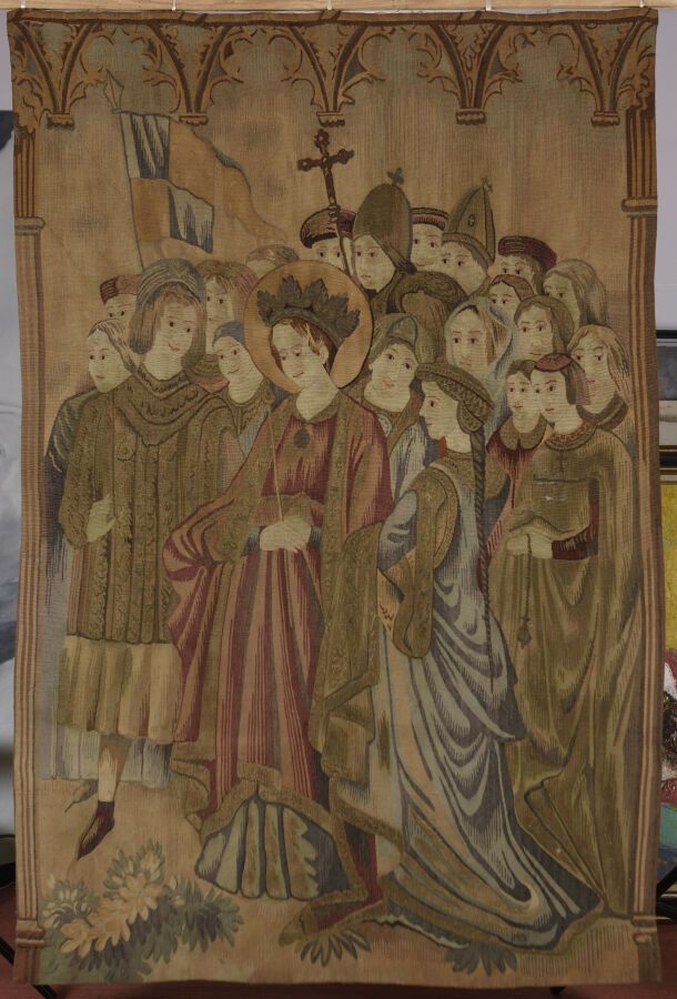 Null 多色奥布松挂毯，描绘了圣路易和他的宫廷。
16世纪末，17世纪初。 
180 x 120厘米 
事故，磨损，修复，有衬垫。 
让-米卡洛夫1972年签&hellip;