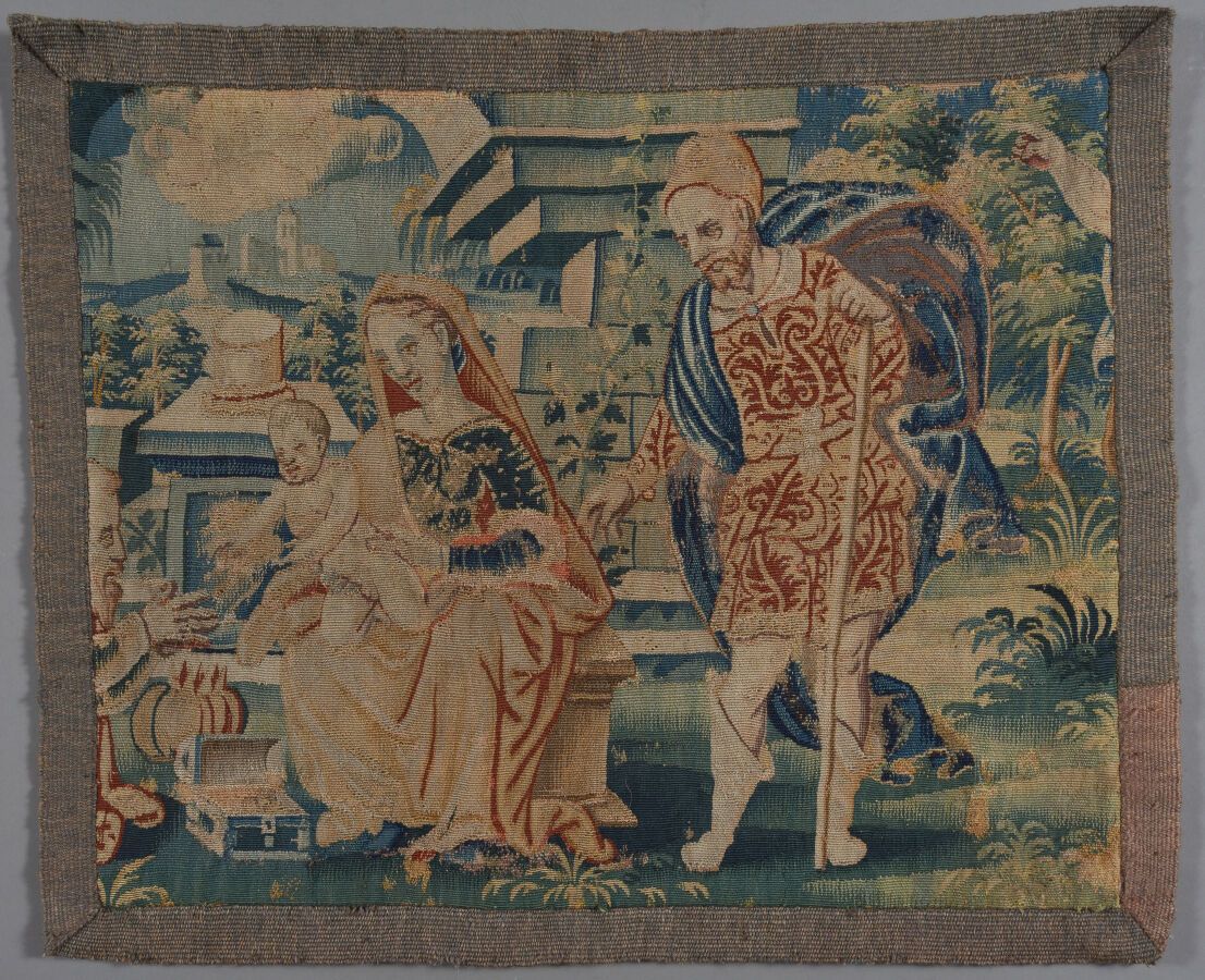 Null Fiandre, frammento di arazzo policromo raffigurante "Giuseppe Maria e Gesù &hellip;