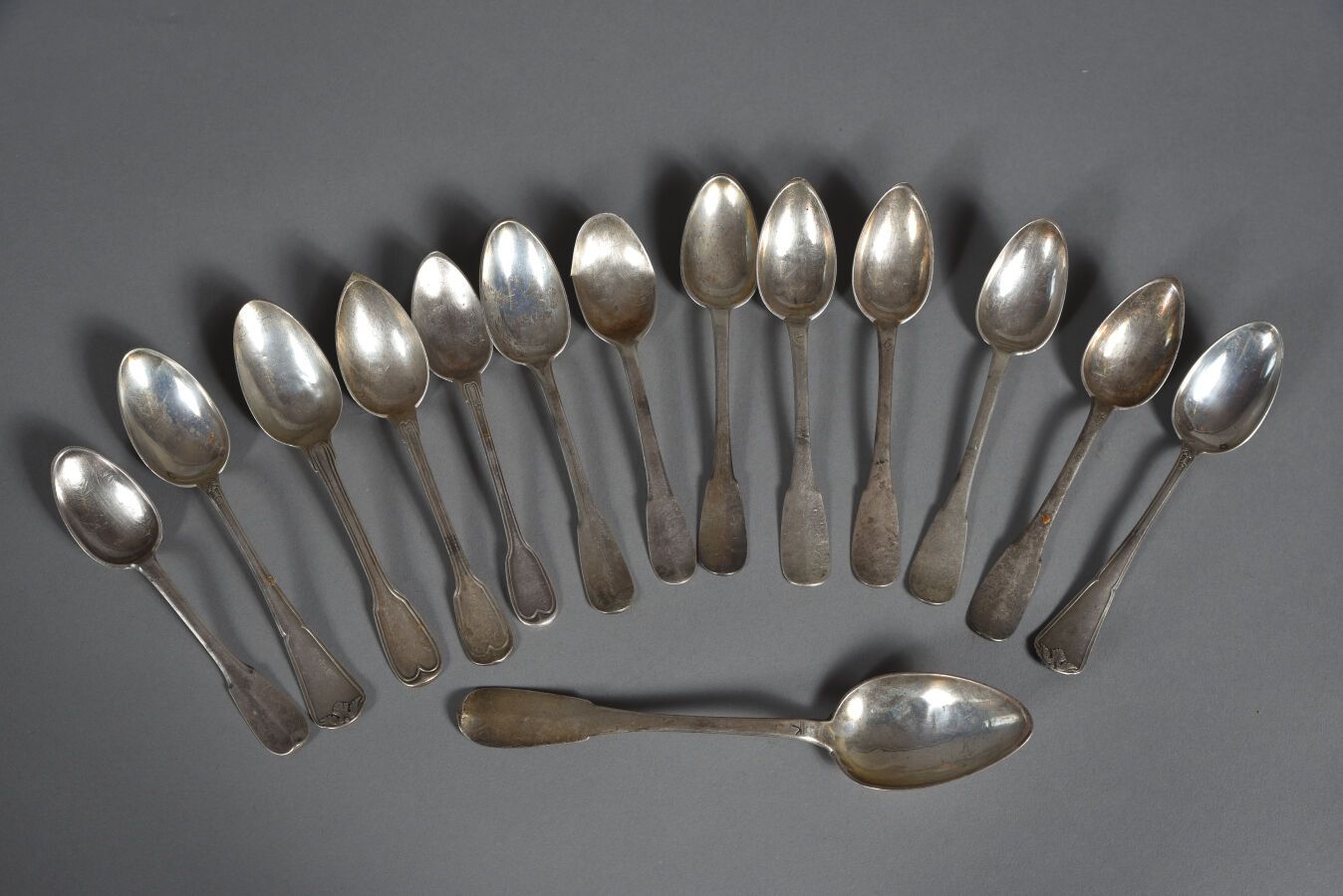 Null Set of fourteen silver teaspoons, plain, filleted and foliate designs, some&hellip;