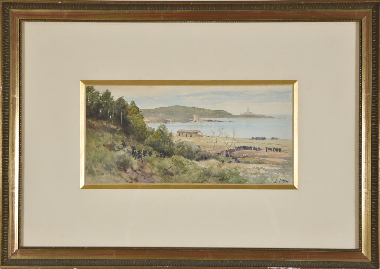 Null 皮埃尔-保罗-康巴（1859-1934）。
海岸上的阿尔卑斯山猎手。
纸上水彩画。
右下方有签名。
视线：16 x 33.5厘米。