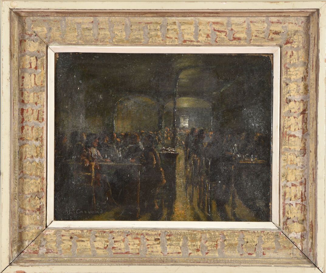 Null 路易-希莱尔-卡朗（1821-1899）。
里昂的小酒馆场景。
布面油画。
左下方有签名。
32 x 40厘米。
穿着。