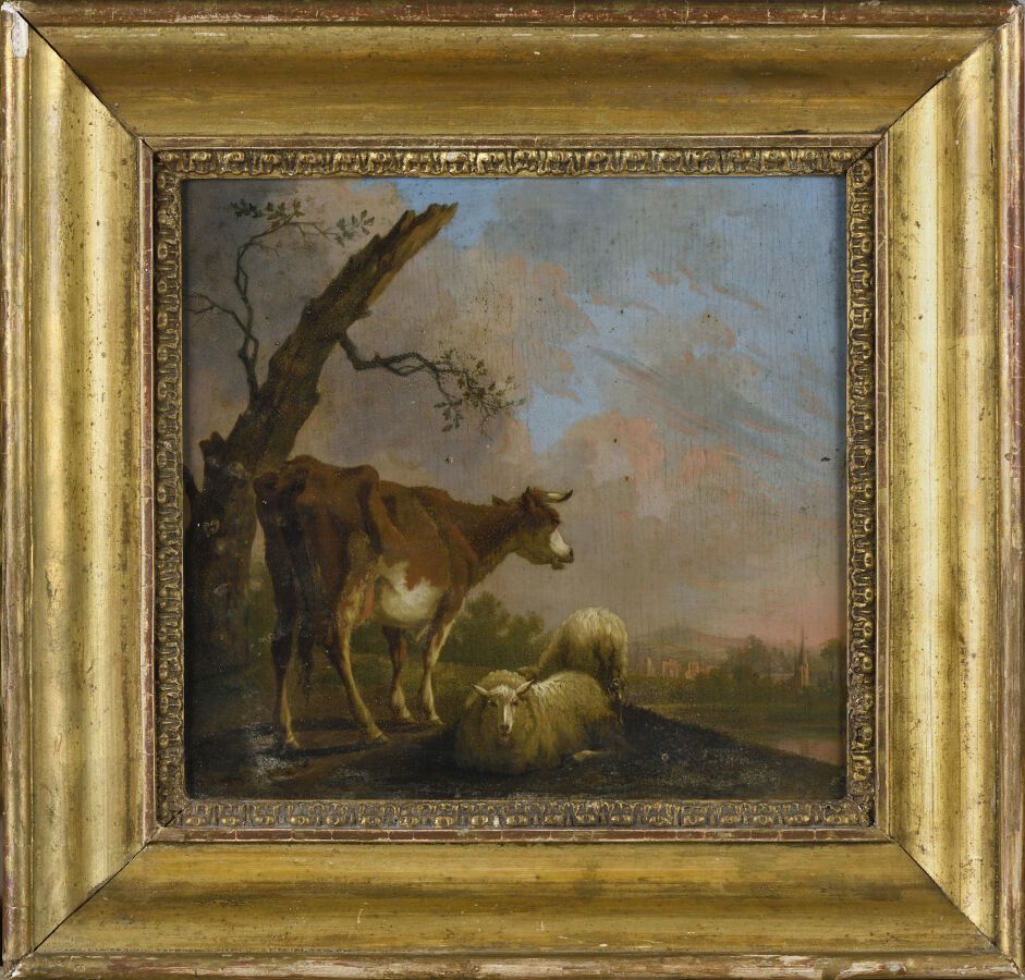 Null 弗莱米什学校 19世纪上半叶
风景中的牛和羊
油画在面板上。橡木。 
H.20 - L. 21,5 cm