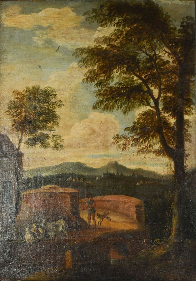 Null 18世纪法国学校
牧羊人和他的动物在乡间的桥上
布面油画（修补；有些修复）。
H.95.5 - W. 66.5厘米