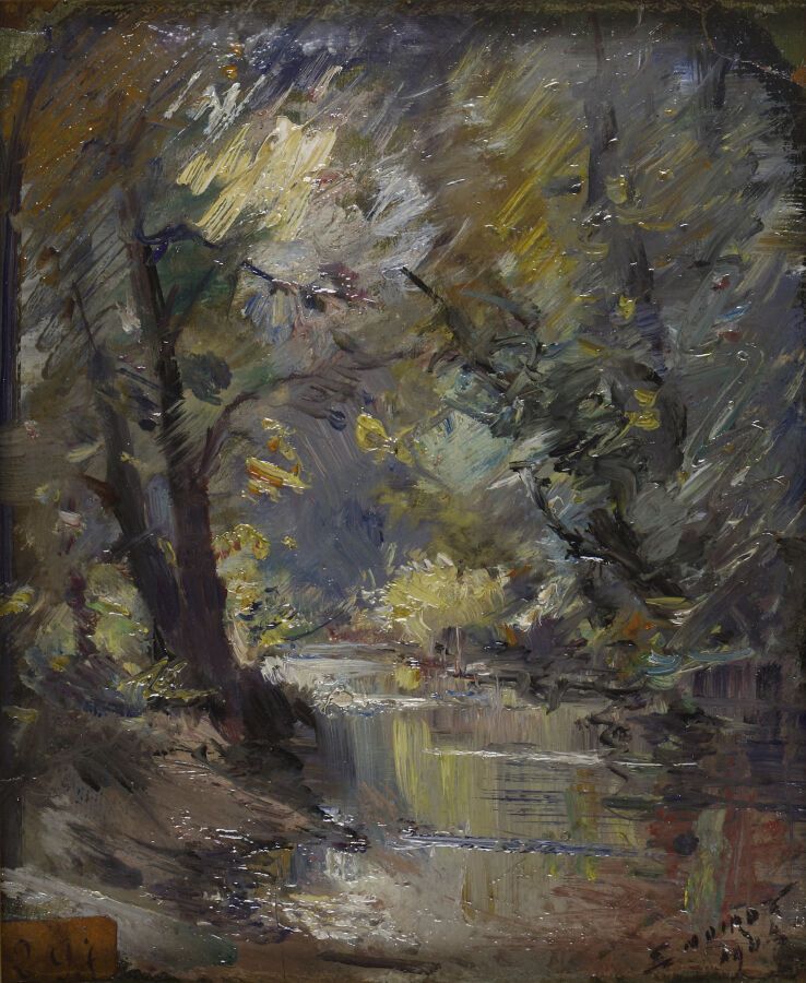 Null Emile NOIROT (1853-1924).
灌木丛中的小溪，1904年。
卡片上的油画。
右下方有签名和日期。
24 x 19厘米。