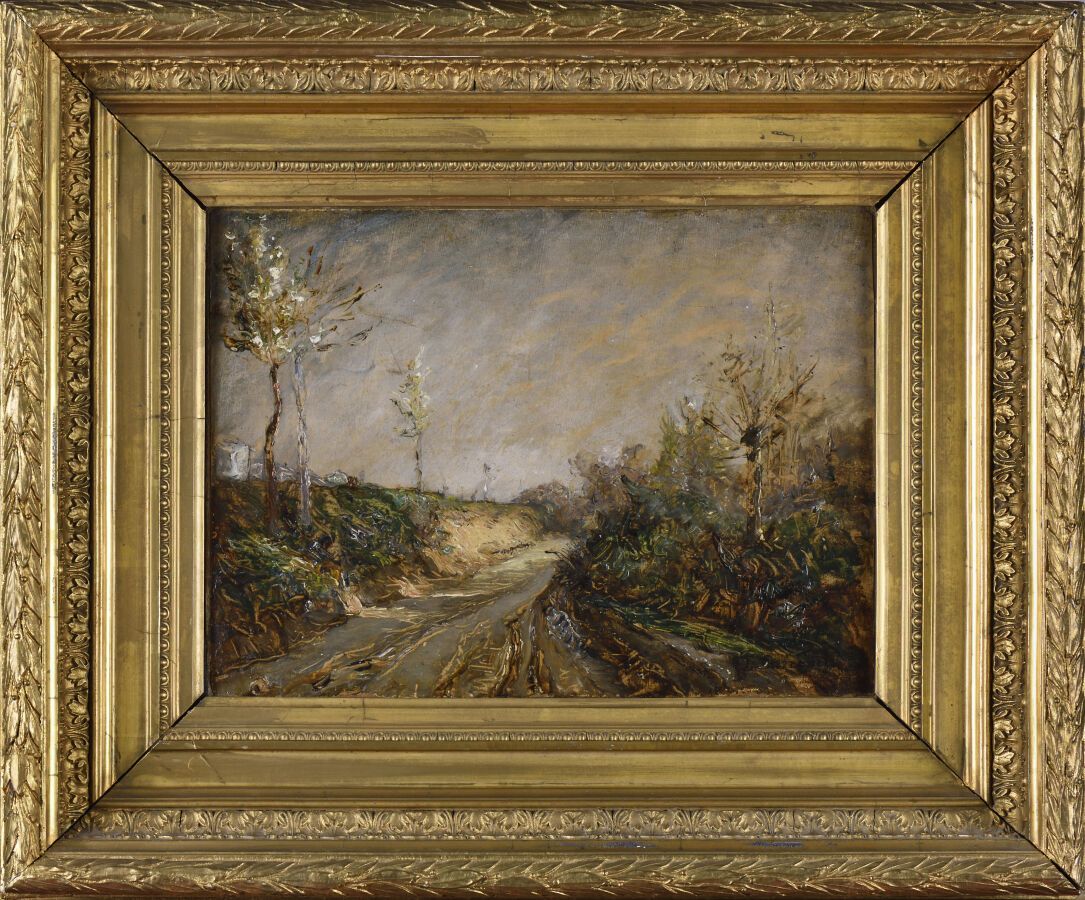 Null Louis Hilaire CARRAND (1821-1899).
Chemin creux au printemps.
Oil on paper &hellip;