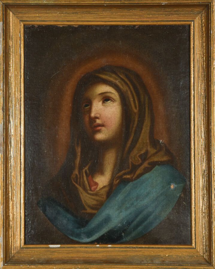Null 17世纪法国学校
祈祷中的圣母 
布面油画（重涂；右下角有小缺口；旧清漆被弄脏）。 
在背面，有一个旧的油漆库存编号3217。
41,2 x 31,5&hellip;