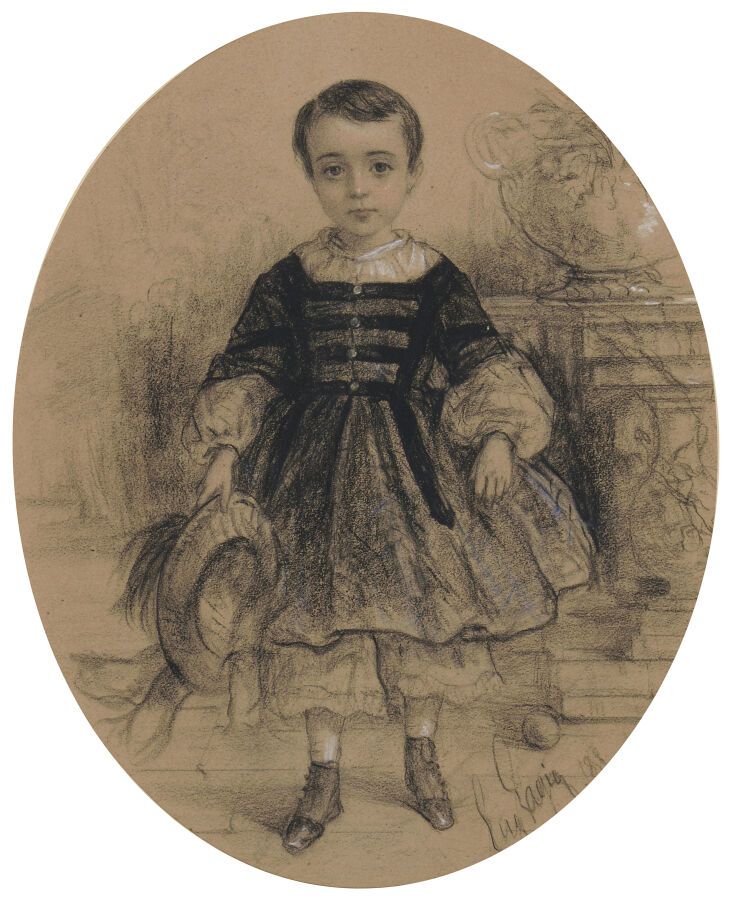 Null 欧仁-拉吉耶（1817-1892）。
一个孩子的肖像。
炭笔和白粉笔在bistre纸上（椭圆形格式）。
右下方有签名和日期。
视线：50 x 40厘米&hellip;