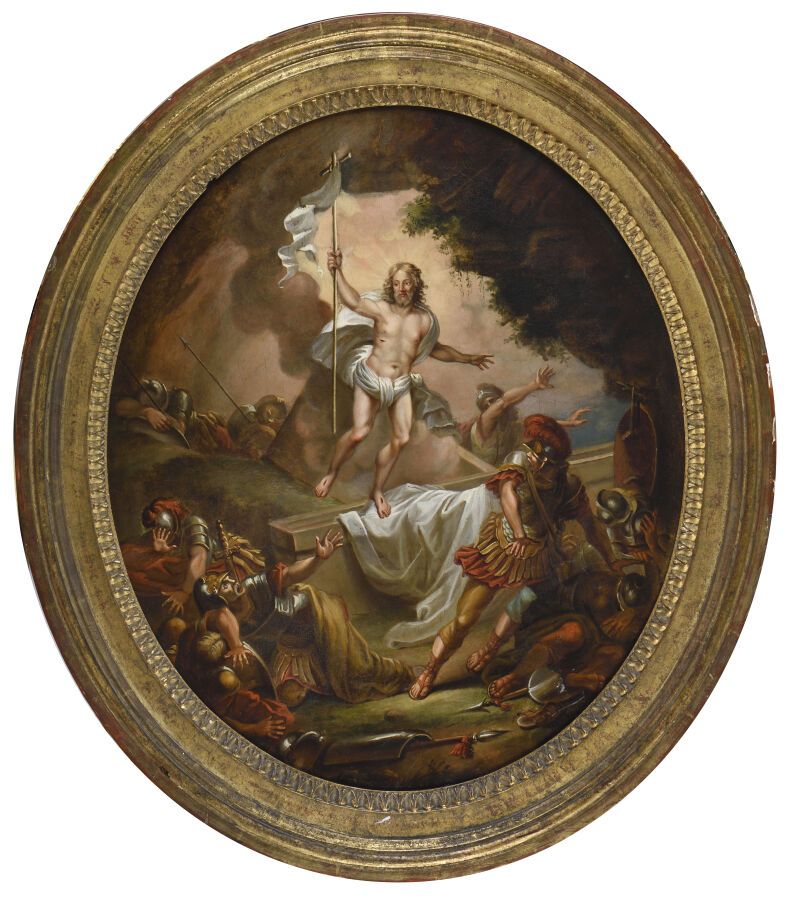 Null 法国学校 18世纪末 
基督的复活》（The Resurrection of Christ 
椭圆形的纸上油画，装在画布上（？） 
H.55 - W.&hellip;