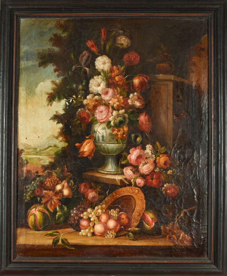 Null 法国学校 
18世纪的味道 
景观背景下的花束与水果和一盘苹果和葡萄
布面油画（事故，裂缝和修复）。 
H.122 - W. 97.5厘米