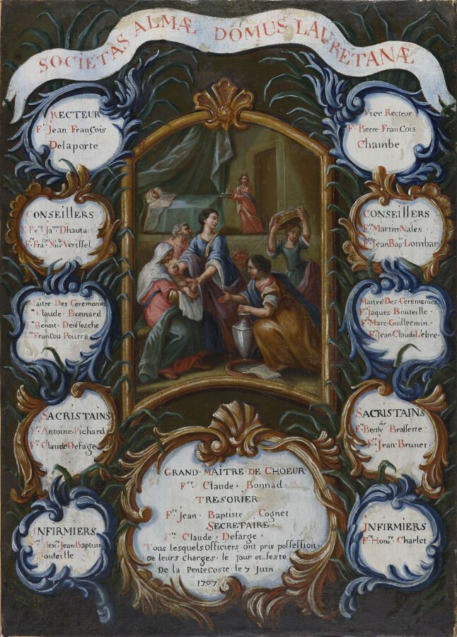 Null 法国学校 18世纪上半叶 
为洛雷特圣母院的忏悔者兄弟会创作的作品
中间是圣母的诞生，上面有红色大写的SOCIETAS ALMAE DOMUS LAU&hellip;