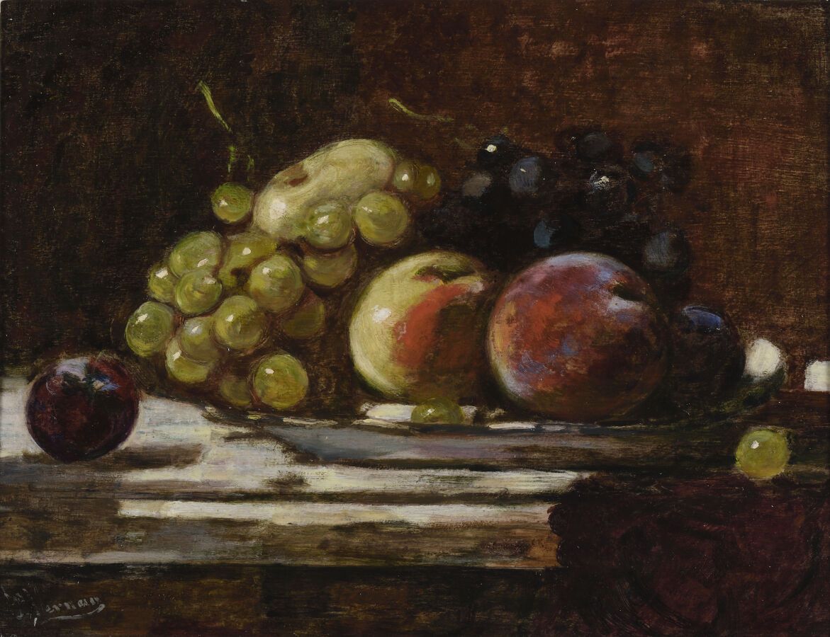 Null François VERNAY (1821-1896) 
Raisins et pêches sur un entablement
Huile sur&hellip;