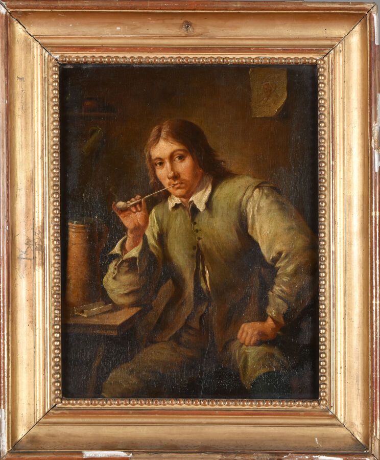 Null 泰尼尔斯-大卫二世（David II dit le Jeune）（后）。 
1610年-1690年。19世纪作品。
靠在桌子上的吸烟者。 
板面油画（&hellip;
