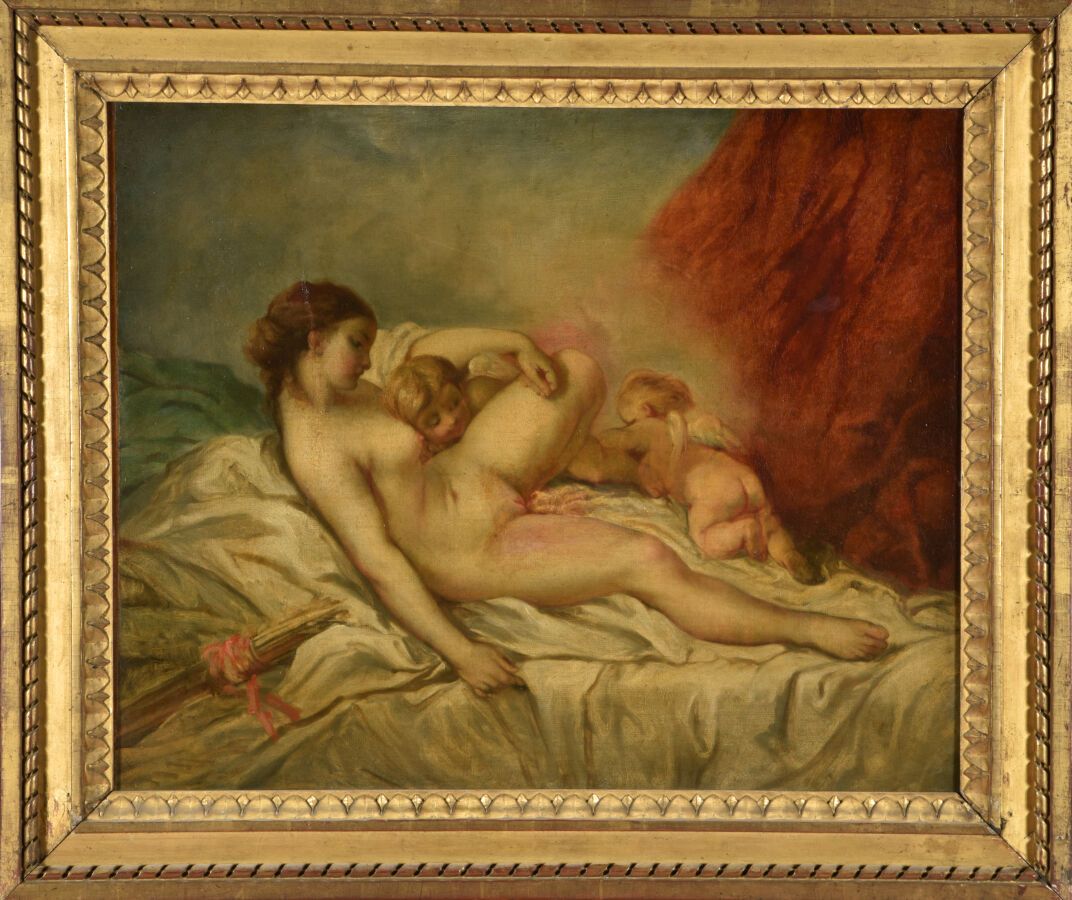 Null 布歇-弗朗索瓦(后)
巴黎 1703 - 同上; 1770
躺着的维纳斯被两个恶作剧的恋人观察着 
布面油画（重绘；小幅色情画）。
H.50 - W.&hellip;