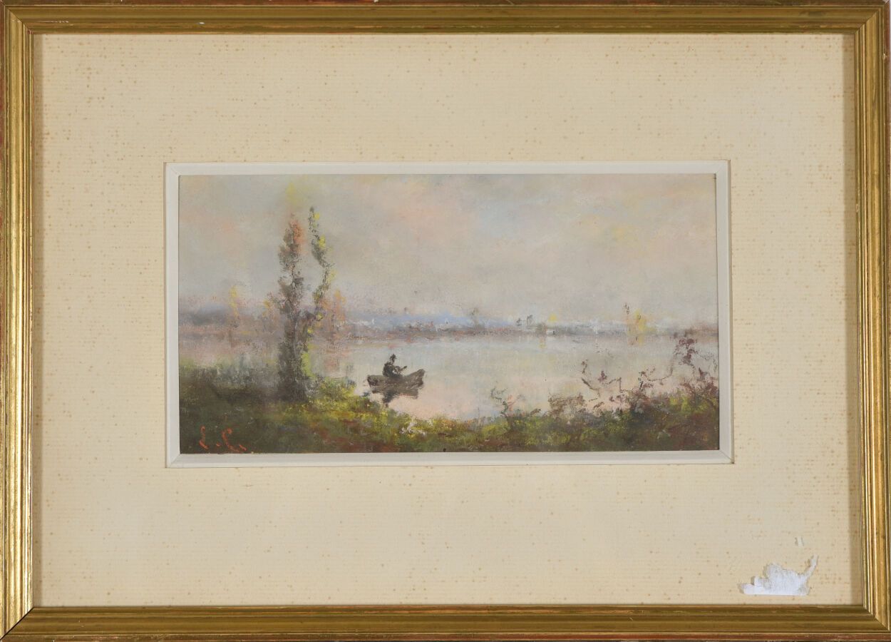 Null 路易斯-盖伊（1824-1888）。
河上的渔夫在他的船上。
纸上粉彩画。
左下方有首字母签名。
视线：10 x 19厘米。