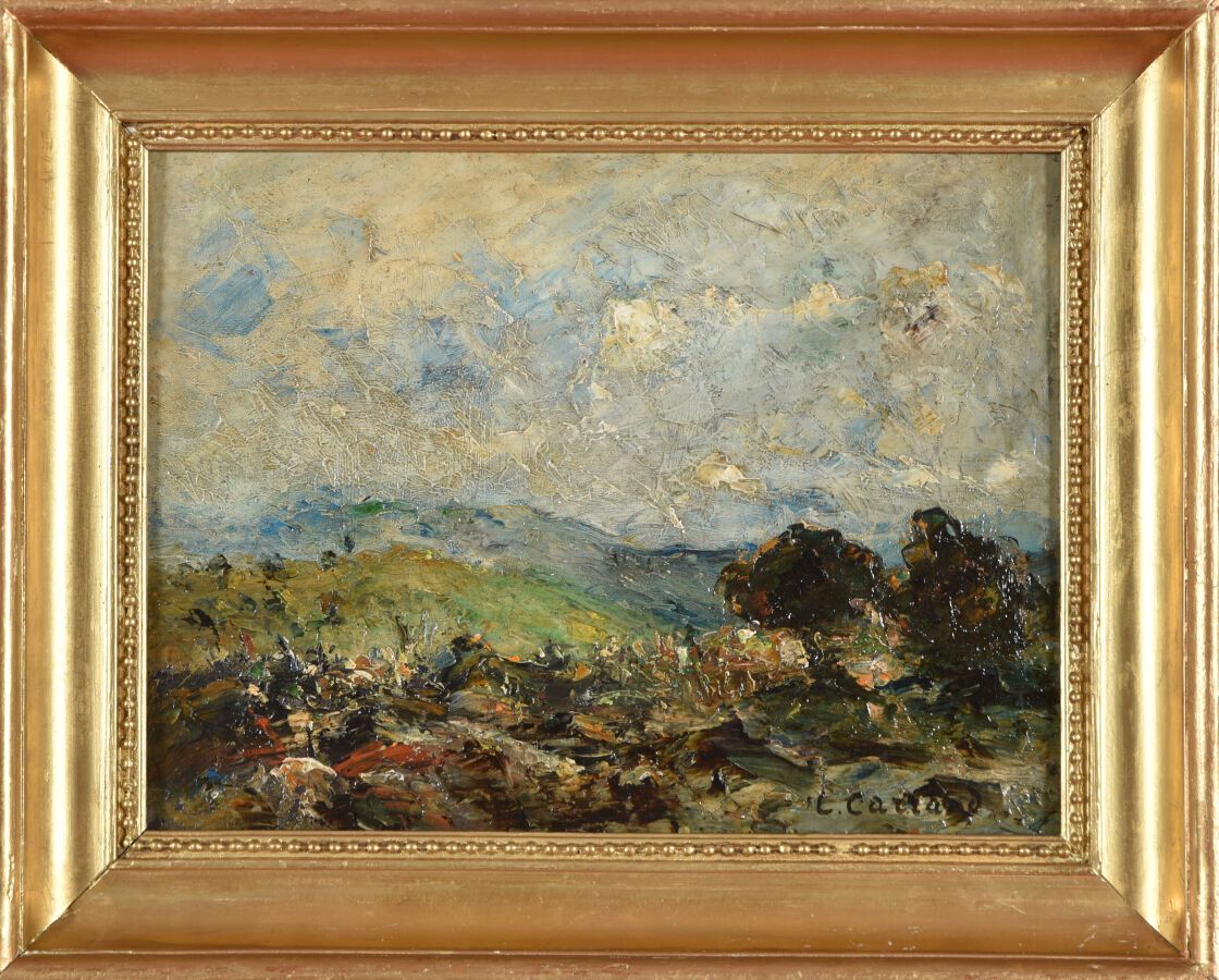 Null 路易斯-希莱尔-卡朗（1821-1899）。
景观。
纸板上的油画。
右下方有签名。
21 x 27.5厘米。