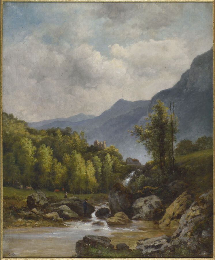 Null Atribuido a Nicolas Victor FONVILLE (1805-1856).
Paisaje con arroyo y pasea&hellip;