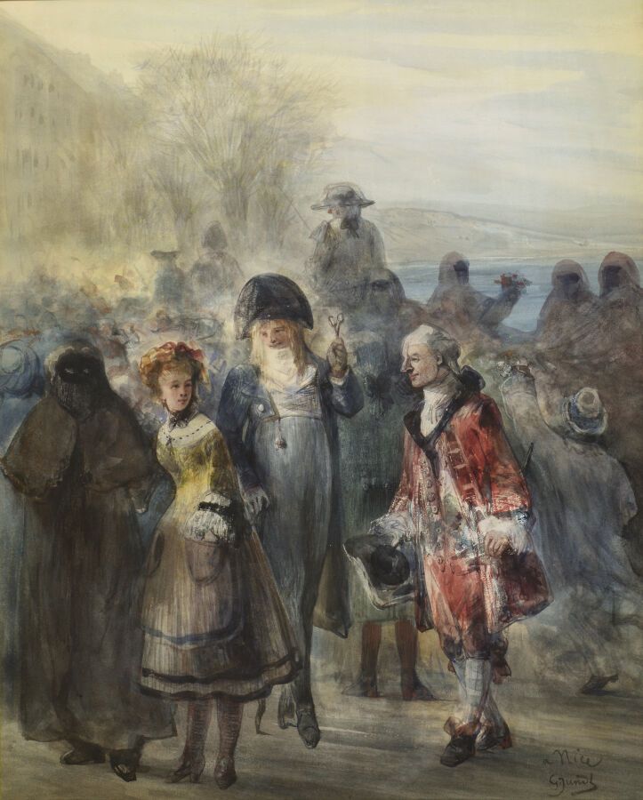Null 古斯塔夫-琼特（1830-1884）。
尼斯的狂欢节。
纸上水彩画。
已签名并位于右下方。
视线：53 x 42厘米。
