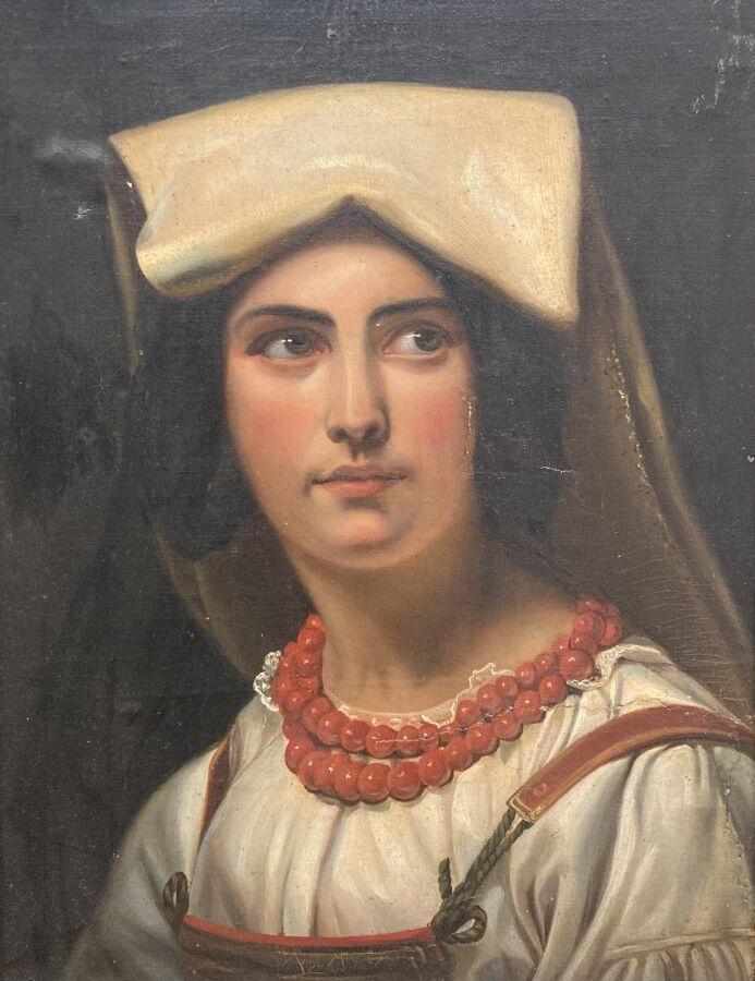 Null 十九世纪的法国学校。
一个意大利女人的肖像。
粘贴在纸板上的布面油画。
50 x 39厘米。
重音。