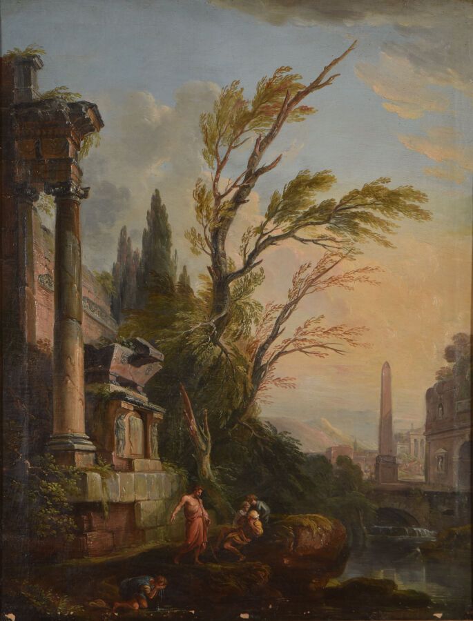 Null 拉莱曼-让-巴蒂斯特
第戎1716年-巴黎1803年
1 - 弗拉斯卡蒂周围的景色
一位哲学家与他的弟子在古老的废墟中，在一个有狮子头和爪子的石棺脚下&hellip;