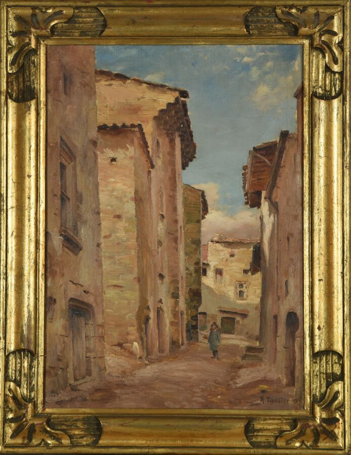 Null 菲利普-塔西埃（1873-1947）。
巷子里的玻璃匠，1898年。
布面油画。
右下方有签名和日期。
46 x 32厘米。