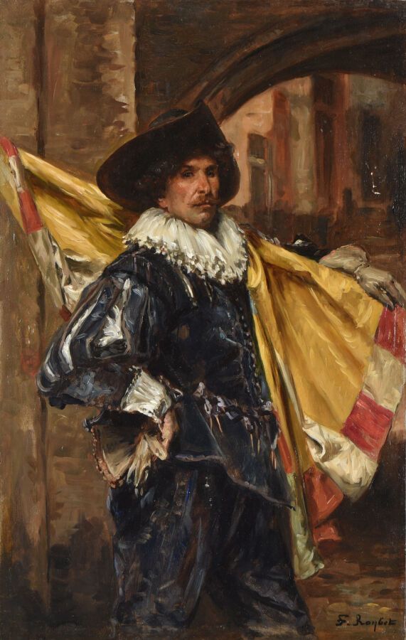 Null Ferdinand Roybet (1840-1920)
Mousquetaire portant le drapeau. 
Huile sur pa&hellip;
