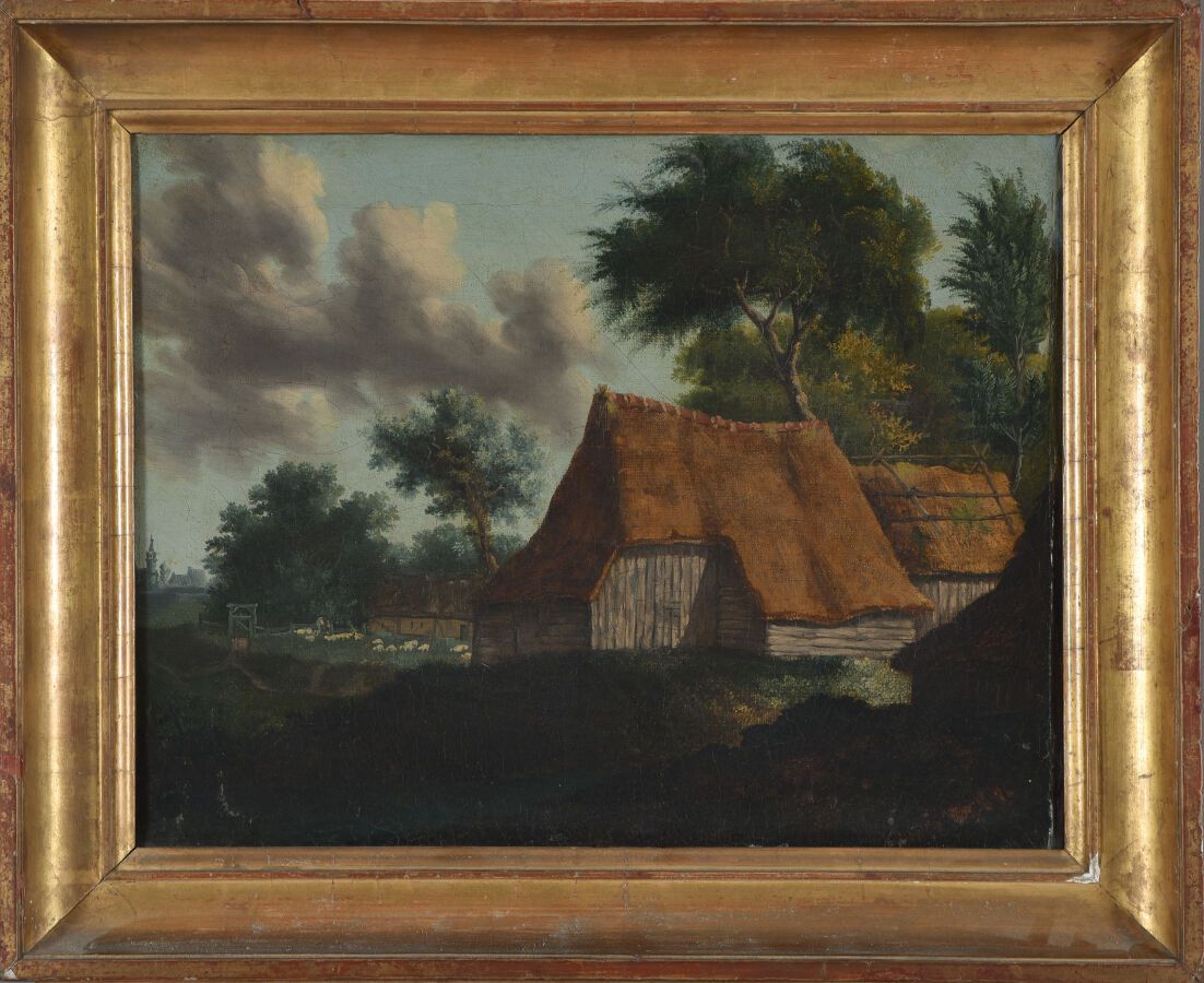 Null 19世纪中期的法国学校。
茅草屋。
布面油画。
32 x 40厘米。