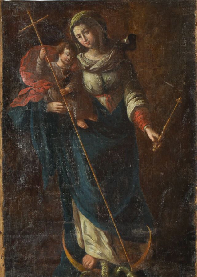 Null 法国学校 17世纪下半叶 
无垢圣母与婴儿耶稣用装饰有小十字架的长矛刺破原罪之龙。
布面油画（修补和修复）。
H.65 - W. 45厘米