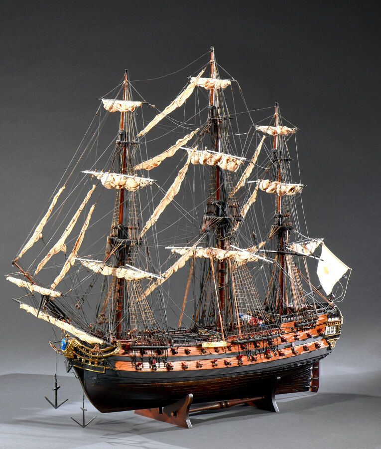Null "La Superbe". Three-masted sailing ship, painted wooden model and ropes.
20&hellip;
