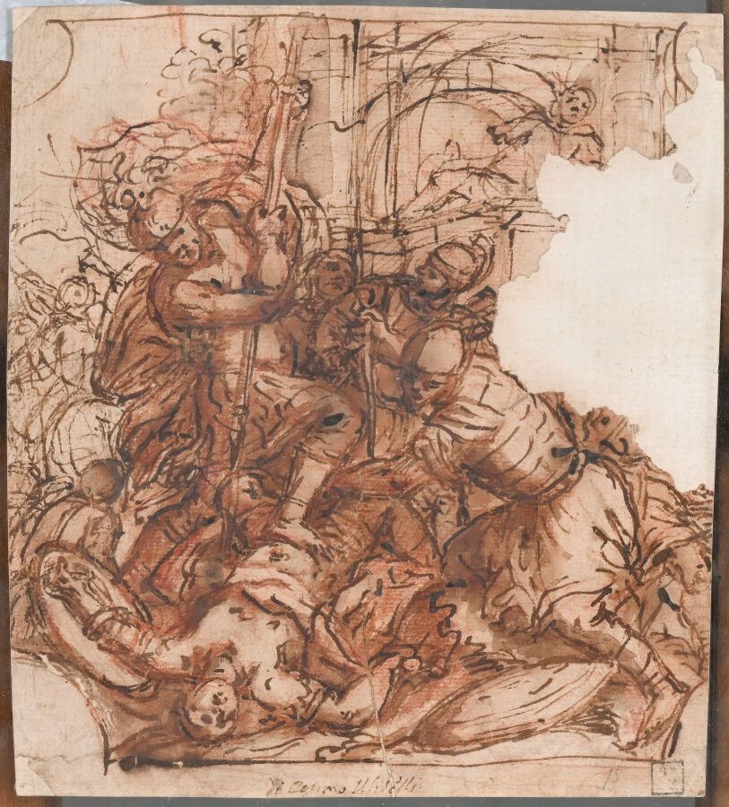 Null 科西莫-尤里韦利（1625-1705）
从致命伤中恢复过来的埃斯特的海格力斯
纸上钢笔和棕色墨水、水洗、红色粉笔（撕裂、修复、粘贴满）
中间下方有注释&hellip;