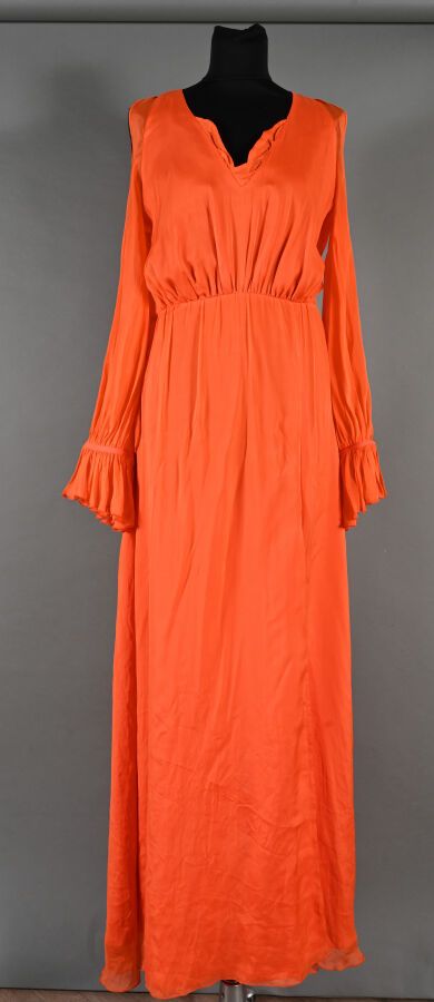 Null SPACE COUTURE - Langes Kleid aus orangefarbener Seide, V-Ausschnitt mit Chi&hellip;